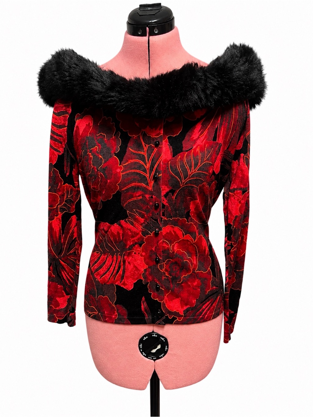 Boston Proper Red & Black Floral Sweater | Removable Faux Fur Collar